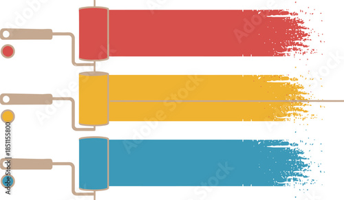 Paint rollers with colorful paint strokes in vibrant colors on white background for creative projects