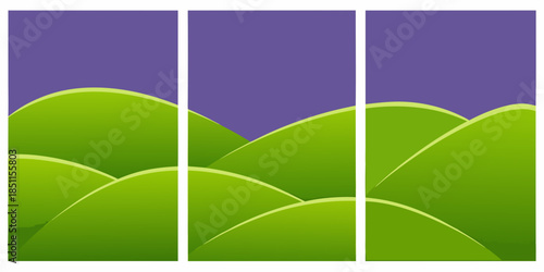 Abstract landscape with rolling green hills and a purple sky divided into panels
