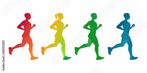 Colorful silhouettes of four people running in a dynamic and energetic pose