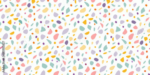 Colorful abstract pattern with scattered pastel shapes on a white background