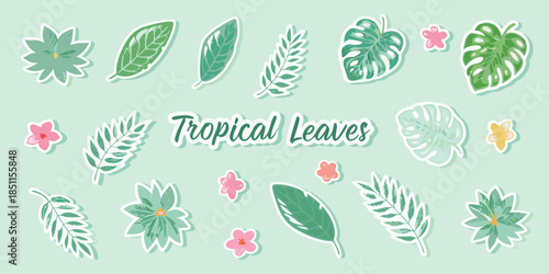 An assortment of vibrant tropical leaves and delicate floral elements
