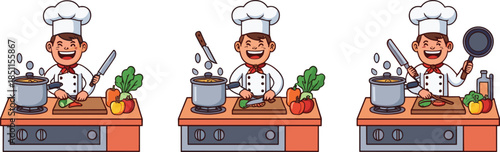 Cartoon chef cooking, kitchen illustration, preparing food, chopping vegetables, stirring pot, frying pan, culinary art, happy cook, colorful design, restaurant concept