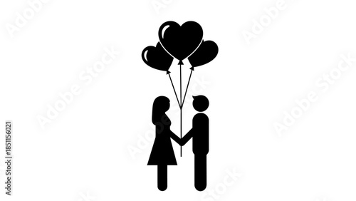 Couple holding hands with heart-shaped balloons, symbolizing love, romance, and partnership in a simple icon style.