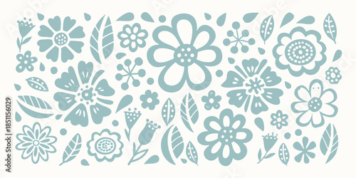 A delicate arrangement of stylized blue floral and leaf silhouettes
