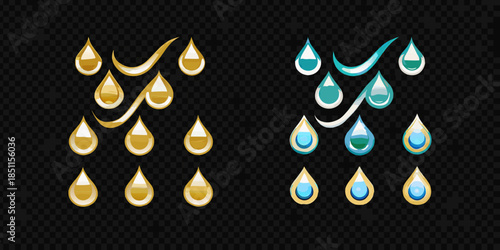 Golden and teal water droplets arranged in wavy patterns on transparent background