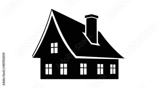 Simple black and white illustration of a classic house with a chimney and multiple windows, perfect for real estate or home design concepts.