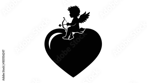 Silhouette of Cupid with bow and arrow sitting on a heart, symbolizing love and romance.