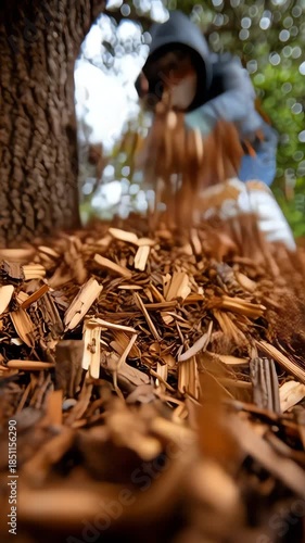 Person Raking Fallen Leaves Near Tree in Autumn Park with Focused Camera Work