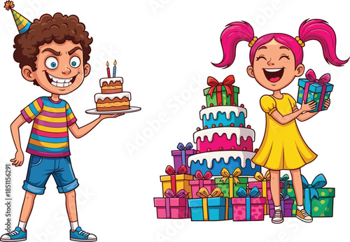 Cartoon children birthday celebration, boy holding cake, girl with gift, party hats, presents, joyful kids, festive event, happy childhood illustration