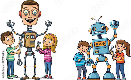 Cartoon children building robots, STEM education activity, boy and girl teamwork, humanoid robot, playful robot design, kids technology learning illustration