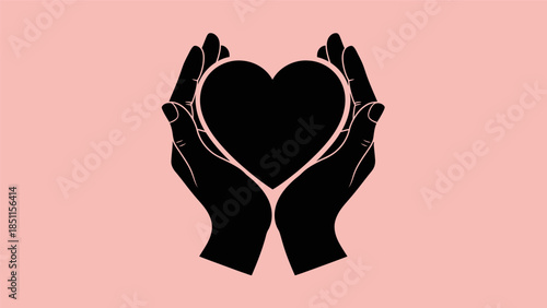 Two hands gently holding a heart shape, symbolizing care, love, and protection on a soft pink background.