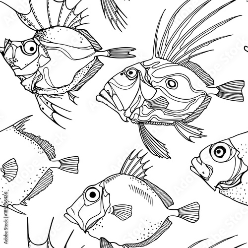 Vector seamless pattern hand drawn illustration of a deep sea fishes made in graphic style. Ink drawing, beautiful design elements. Perfect print for any business related to the fish industry.