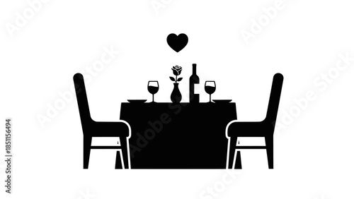 Romantic dinner table setting with wine, glasses, and a rose, perfect for a special date night.