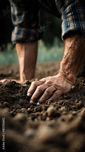 Closeup of Man Planting Seeds in Soil with Hands in Focus in Natural Garden Setting