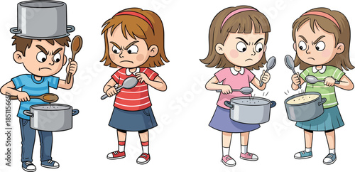 Cartoon children cooking play, kids imagination, boy with pot helmet, girls pretending to cook, playful competition, childhood creativity, fun activity