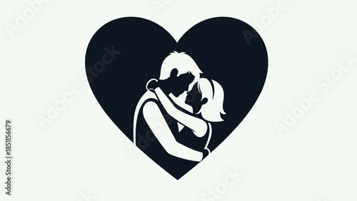 Stylized illustration of a couple embracing within a heart shape, symbolizing love and affection.