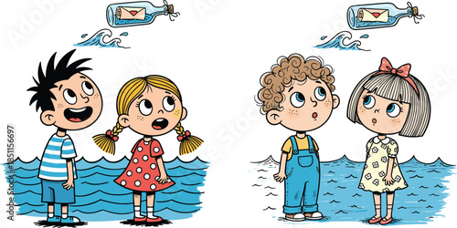 Cartoon children discovering floating message bottle, boy and girl by water, magical adventure, childhood curiosity, mystery story, playful imagination illustration