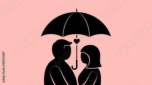 Silhouettes of a loving couple standing under an umbrella, symbolizing protection and togetherness.