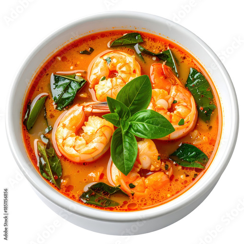 Hearty tacacá a flavorful brazilian shrimp and jambu leaf stew served hot in a gourd and isolated on white background
