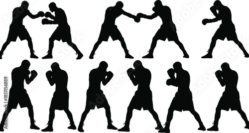 Dynamic boxer silhouette collection showcasing fighting stances, training movements, defensive poses, and powerful action positions for professional vector illustration,