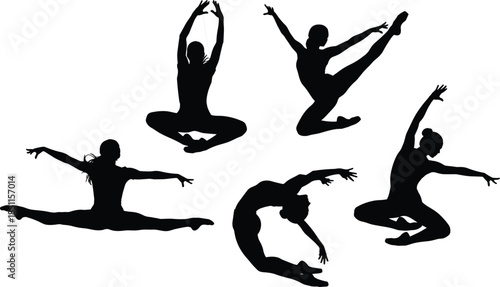 Dynamic dancer silhouette vector set featuring expressive jumps, flexible poses, graceful movement, modern choreography, and energetic artistic performance, ideal for creative design projects