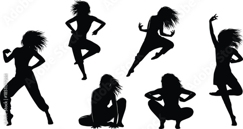 Dynamic female silhouette collection featuring expressive dance and pose movements, ideal for creative vector illustration projects, modern design concepts,