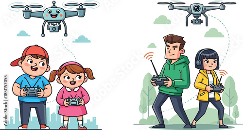 Cartoon children flying drone, happy kids with toy drone, adults operating professional drone, technology, outdoor activity