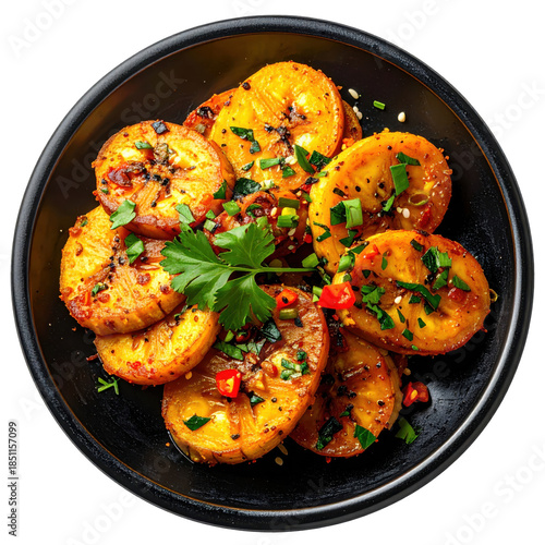 Authentic tigrillo from ecuador a hearty plantain and egg dish perfectly cooked and presented in a bowl isolated on white background