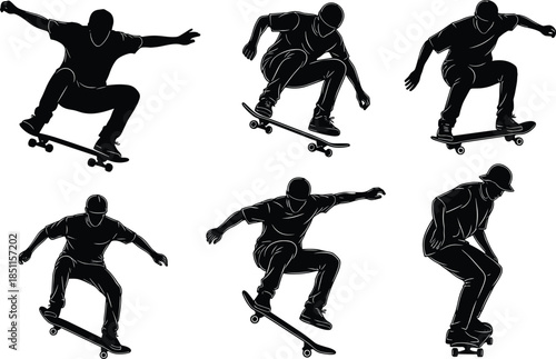 Dynamic skateboarder silhouette collection showcasing jump tricks, balance movements and energetic street action, ideal for extreme sports vector illustrations, urban activity designs, action graphics
