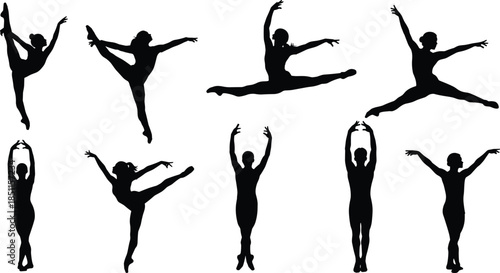 Elegant ballet dancer silhouette collection featuring dynamic jumps, balanced poses, and expressive classical movements, ideal for professional dance vector illustration, creative design, 