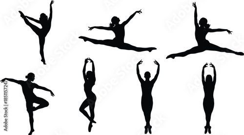 Elegant ballet dancer silhouette collection showcasing dynamic jumps, graceful poses, and classical movement forms, ideal for professional dance vector illustration, design, and creative arts projects