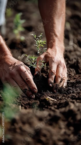Hands Planting Seedling in Soil During Gardening in Natural Light