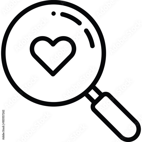 Black and White Illustration of Magnifying Glass with Heart Icon Symbolizing Love, Search, and Exploration