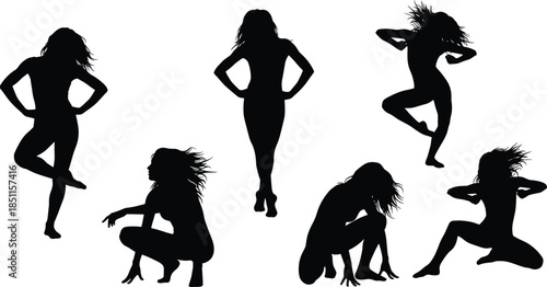 Elegant female silhouette collection showcasing dynamic dance and pose movements, perfect for artistic vector illustrations, fashion themes, creative design projects and expressive motion graphics