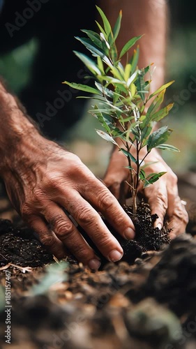 Hands Planting Young Tree in Rich Soil Closeup with Focus on Growth and Nature