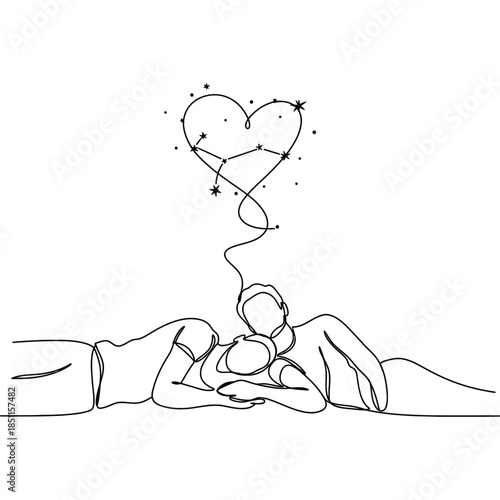 Minimalist Line Art Illustration of Romantic Couple Lying Under Heart-Shaped Starry Night Constellation