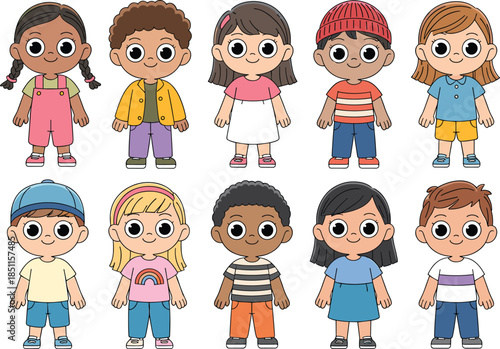 Cartoon children group, diverse kids illustration, happy smiling faces, colorful clothing, childhood diversity, education theme, friendship, teamwork, playful design, learning concept