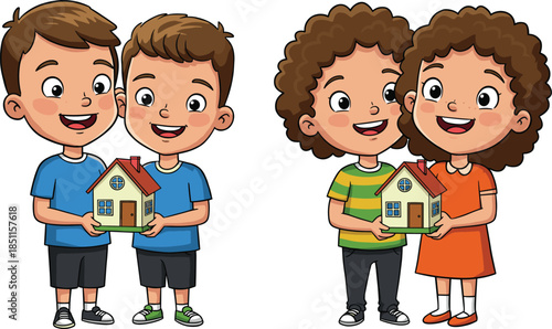 Cartoon children holding house models, boys and girls smiling, teamwork, cooperation, childhood friendship, community, playful learning, educational illustration