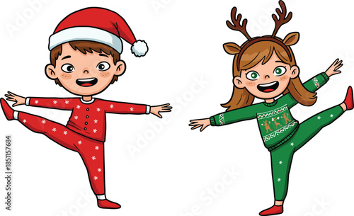 Cartoon children holiday costumes, Christmas outfits, festive kids illustration, Santa hat, reindeer antlers, joyful celebration, playful pose, winter holiday season