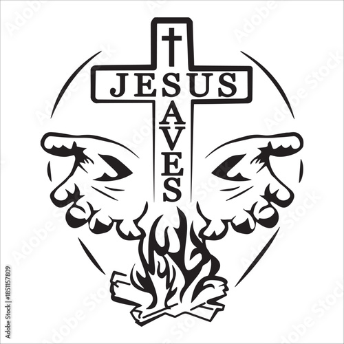 Jesus Saves Cross With Bible And Flames