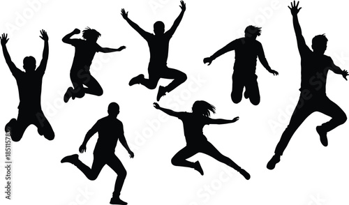 Jumping people silhouettes collection, energetic men and women action poses set, dynamic human motion vector illustration for fitness, dance, celebration designs