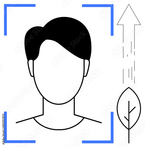 Biometrics, sustainability, identity, growth, technology, innovation. Minimalist outline of a person in biometric frame with a leaf and an upward arrow. Biometrics and sustainability concept