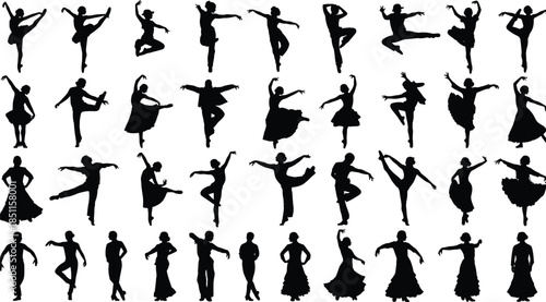 Large diverse dancer silhouette collection showcasing elegant poses, dynamic jumps, expressive movements, and flowing costumes, perfect for cultural dance vector illustration