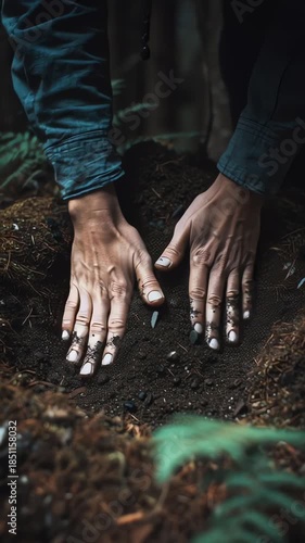 Hands planting seedling in soil during outdoor gardening activity in natural environment with closeup camera shot