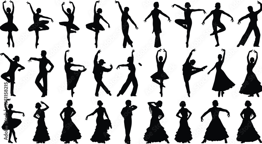 Naklejka premium Massive Vector Collection of Black Silhouette Figures in Dynamic Action Poses, Featuring Ballet, Figure Skating, Martial Arts, Hip Hop Dance, Yoga, Kicks, Jumps,
