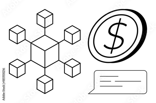 Blockchain, cryptocurrency, digital finance, online transactions, fintech, data exchange. A connected network of cubes, dollar symbol and speech bubble. Blockchain and cryptocurrency concepts