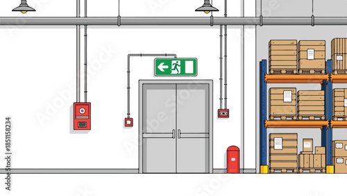 Warehouse interior with emergency exit door and fire safety equipment.