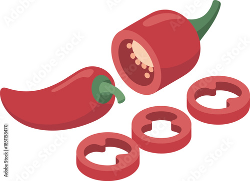 Isometric Red Chili Pepper Slices and Cut Vegetable Vector Illustration