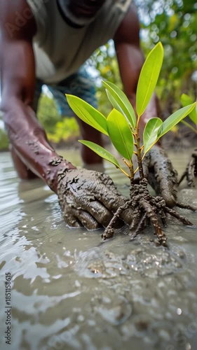 Farmer Planting Young Mangrove Seedlings in Shallow Water During Daylight
