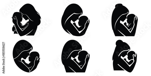 mother and baby bonding vector art icon set. Black color  and white background